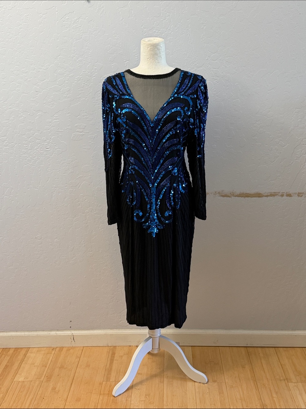 A.J. Bari Black Midi Dress with Blue Sequin Embellishment